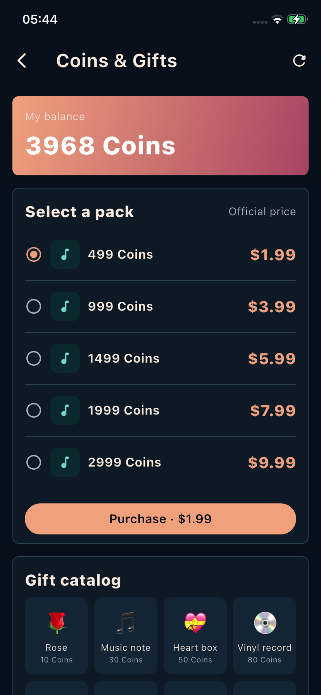 ResoNote coins and gifts screen