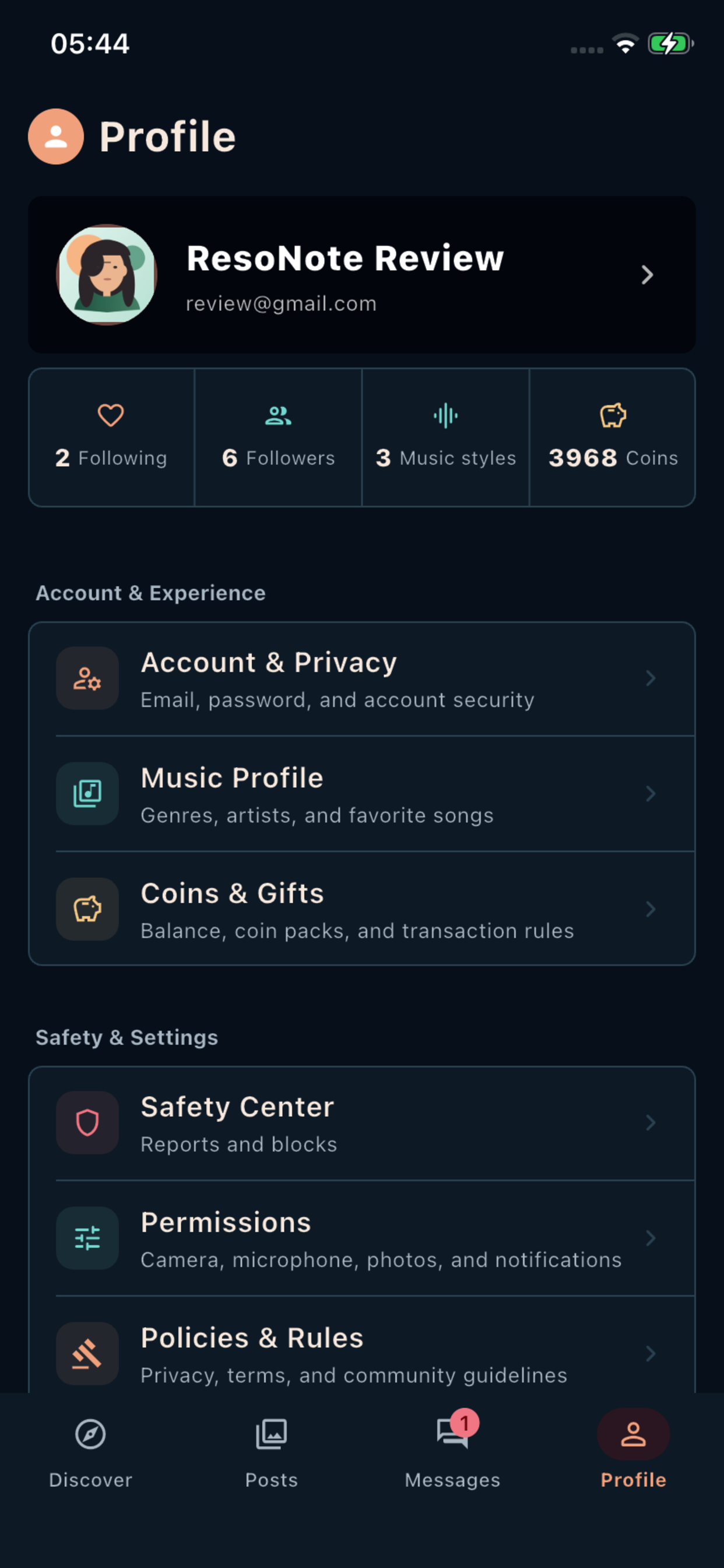 ResoNote profile, music profile, and safety settings screen